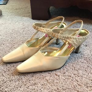 Champagne heels with pearl ankle strap